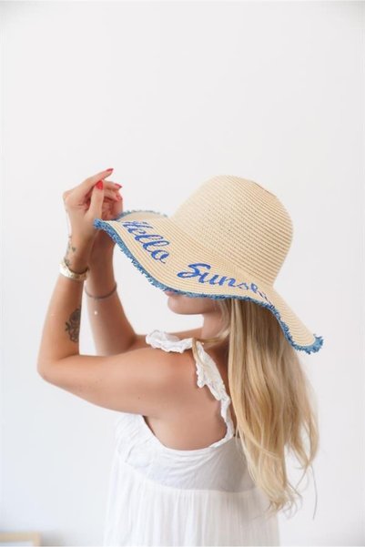 Zoe3 Style Women's Edt Beige Blue Straw Hat with Text Detail