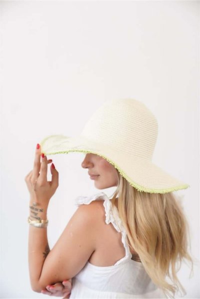Zoe3 Style Women's Edt Beige Green Text Detailed Straw Hat