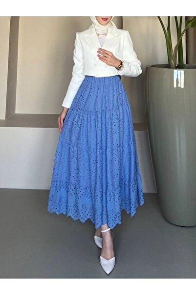 ALPACO Fusta pliată brodată Fisto - Albastru