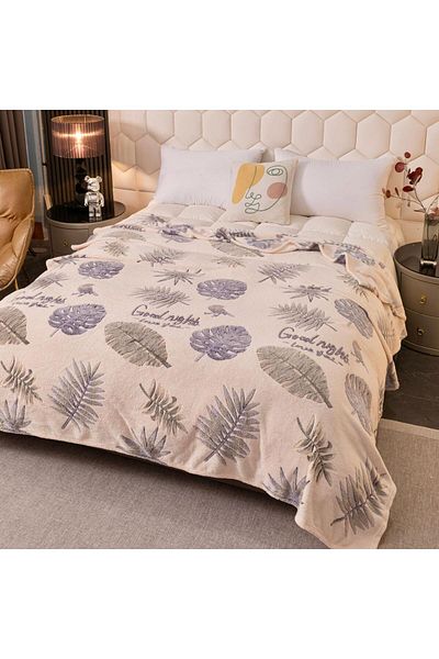 FIONNA.RO Cocolino Fluffy Blanket 200x230cm - Cream With Grey Leaves