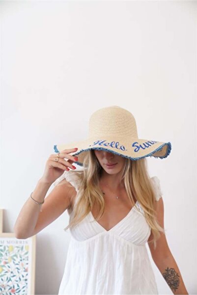 Zoe3 Style Women's Edt Beige Blue Straw Hat with Text Detail