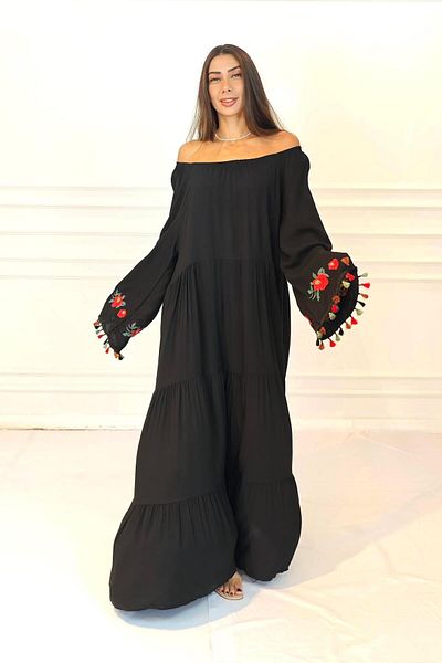Markano Black Madonna Collar Sleeves Floral Embroidery Tassel Skirt Layered Long Dress