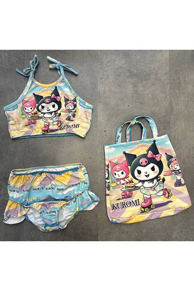 ARBİ kids Costum de baie din țesătură submersibil albastru din trei piese cu geantă kuromi pentru fete