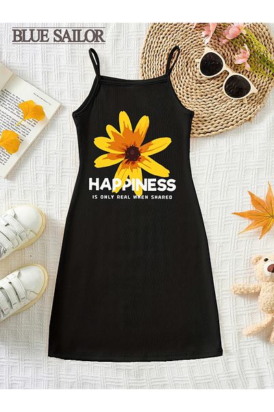 İBRE ROCHIE NEGRA CU DETALII DE FLORI DE BUMBAC CU PRINTA HAPPINESS