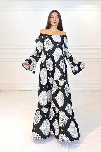 Markano Black Madonna Collar Patterned Skirt Layered Long Dress