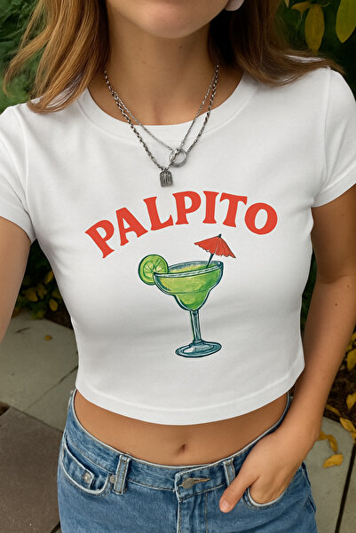 PALPİTO تيشيرت نسائي أبيض قصير مطبوع برقبة دائرية وطبعة كوكتيلات