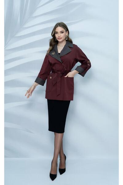 Eccim Fashion Keten Yaka Yılan Broşlu Astarlı Kısa Kadın Trençkot