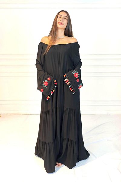 Markano Black Madonna Collar Sleeves Floral Embroidery Tassel Skirt Layered Long Dress