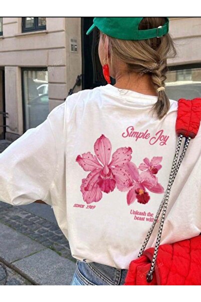 SVART WEAR Tricou supradimensionat Simple Joy Pink Flowers alb