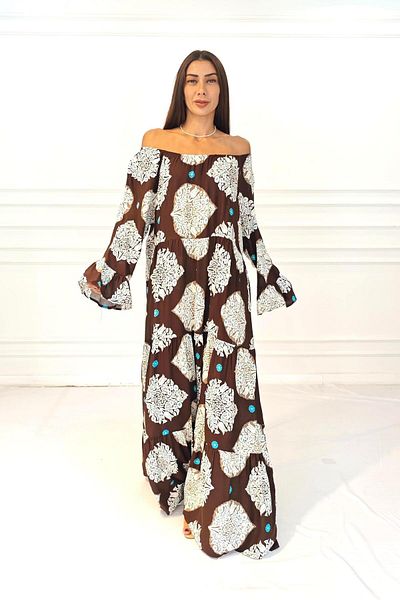 Markano Brown Madonna Collar Patterned Skirt Layered Long Dress