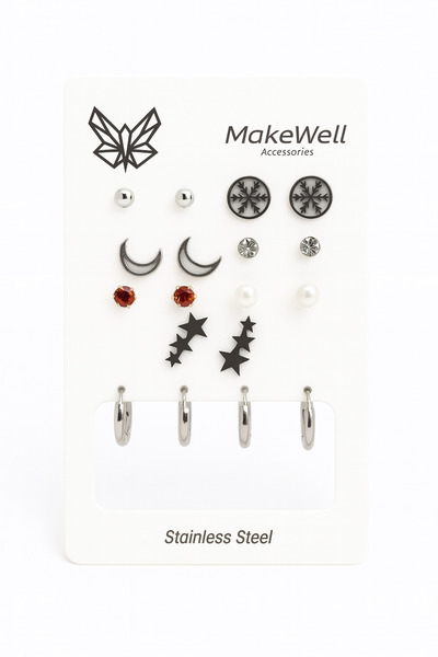 MakeWell Steel Snowflake Row Star and Crescent Design Zircon Stone Pearl and Hoop Earrings Steel Earring Set