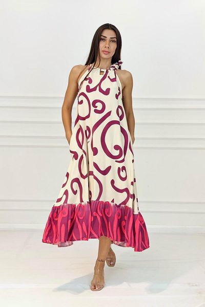 Markano Fuchsia Patterned Halter Neck Pocket Long Dress
