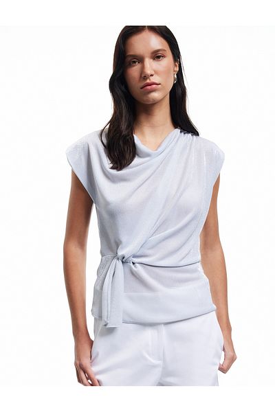 Koton New Season Stand Collar Bat Sleeve Tie Detail Asymmetrical Glitter Evening Dress Blouse