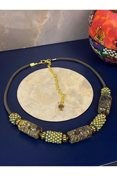 Idarosa Concept Otantik, Etnik, Bohem, Haki Yeşili İpli, Haki Hint Camı Boncuklu, Altın Metal Aksesuarlı Kolye