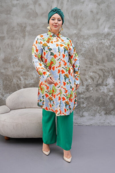 Polologin Butik Помаранчева синя зелена квіткова довга туніка