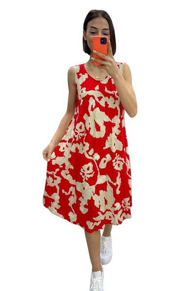 Markano Red Patterned Thick Strap Midi Dress
