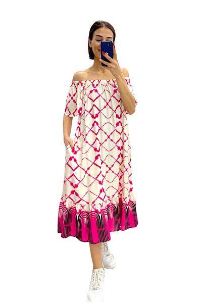 Markano Fuchsia Patterned Madonna Collar Skirts Long Dress with Ruffle Pockets