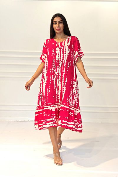 Markano Fuchsia Patterned V Neck Midi Dress with Pockets and Ruffles Skirts