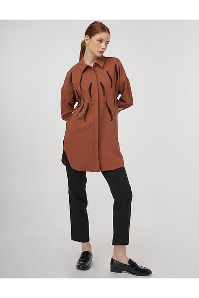 Kayra Stripe Detailed Shirt Collar Tunic Tobacco