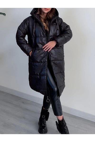 nedo7 Hooded Lace Detailed Zippered Puffer Jacket - Black