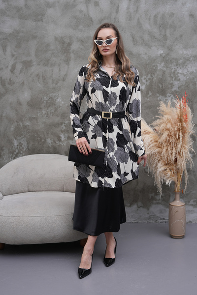 Polologin Butik Black and White Leaf Patterned Shirt Tunic