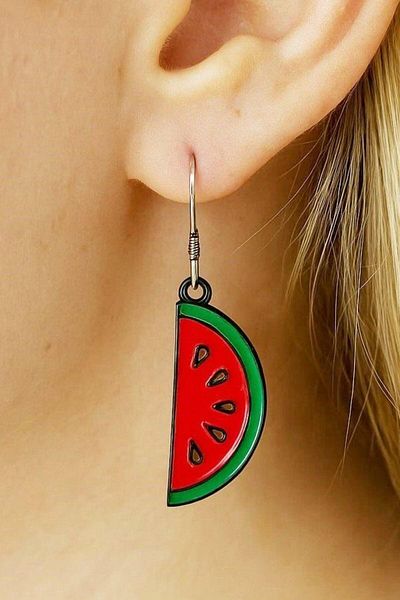 Fildişi Aksesuar Watermelon Shaped Enamel Women's Earrings Double Pieces Handmade Earrings