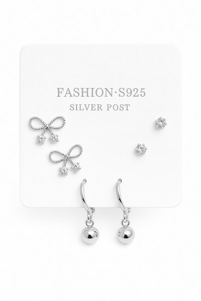 MakeWell 925S Silver Needle Bow and Ball Earrings Design Zircon Stone Earrings Set