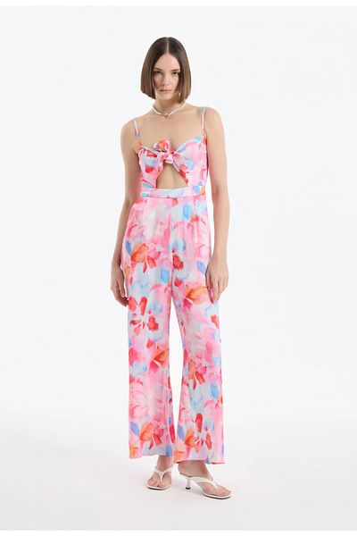 Quzu Floral Patterned Strap Long Jumpsuit Dress with Tie Detail Pink