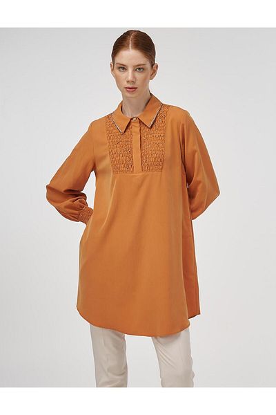 Kayra Stone Embroidered Shirt Collar Natural Fabric Tunic Amber