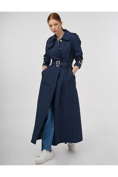 Kayra Shomizeye Collar Trench Coat Dark Navy Blue