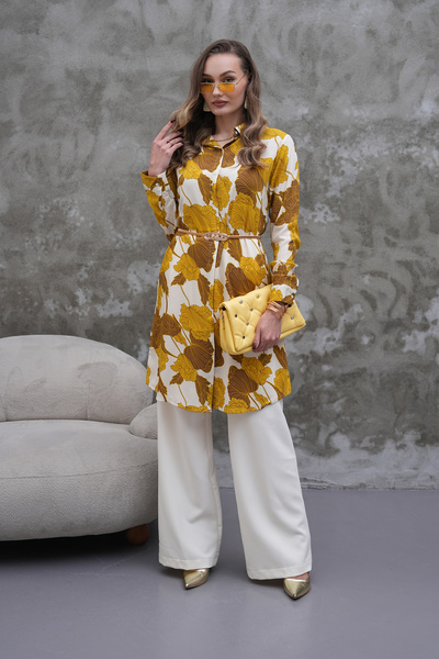 Polologin Butik Mustard Brown Leaf Patterned Tunic