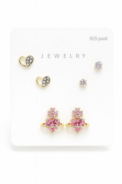 MakeWell 925S Silver Needle Heart Design Zircon Stone 3-Piece Earring Set
