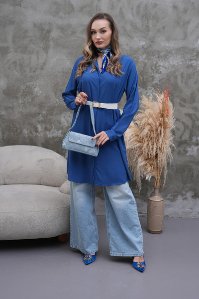 Polologin Butik Blue Colored White Belted Tunic
