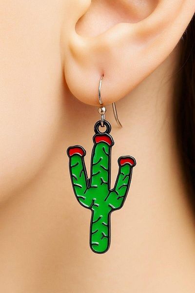 Fildişi Aksesuar Cactus Shaped Enamel Women's Earrings Double Pieces Handmade Earrings