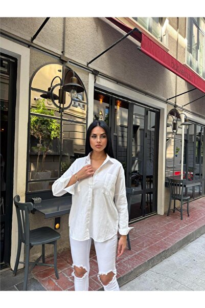 WeShaya Cămașă albă oversize din bumbac acrilic cu buzunare