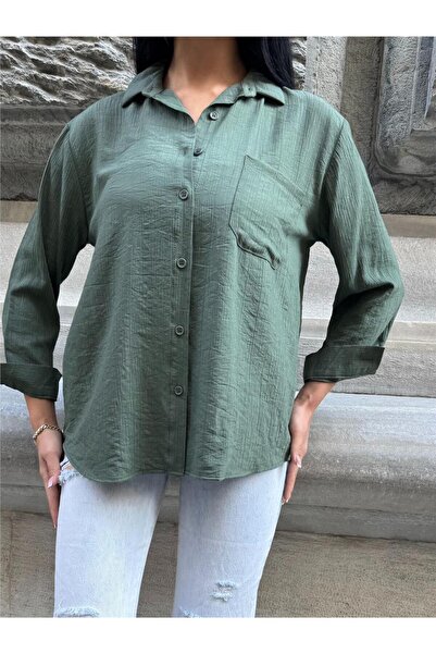 WeShaya Khaki Wrinkled Oversize 100% Cotton Shirt