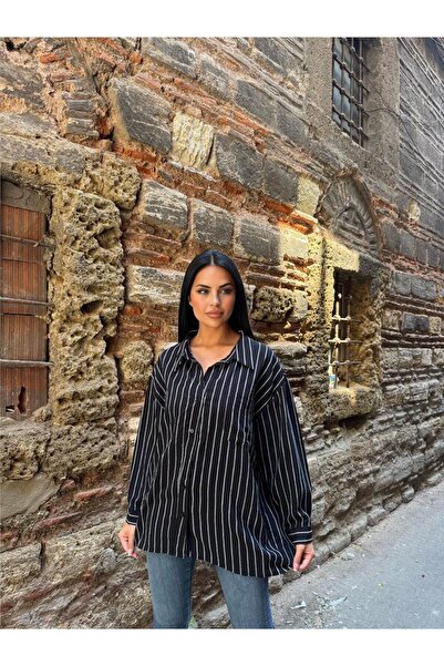 WeShaya Siyah Çizgili Oversize Pamuklu Düğmeli Gömlek
