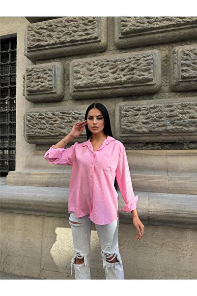 WeShaya Pink Oversize Wrinkle 100% Polyester Shirt