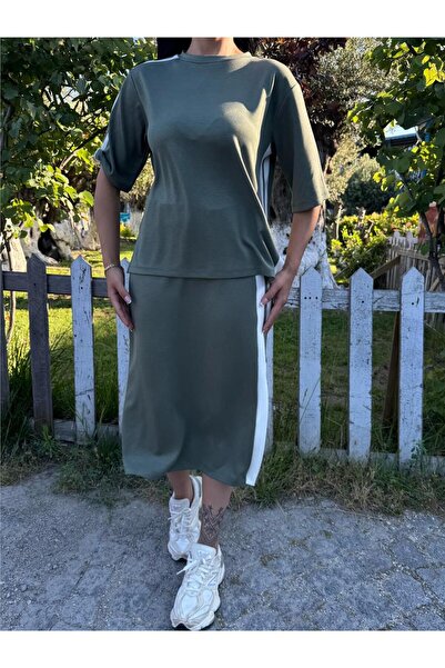 WeShaya Khaki Cotton Side Striped Midi Suit