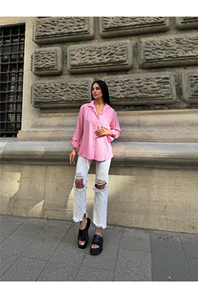 WeShaya Pink Oversize Wrinkle 100% Polyester Shirt