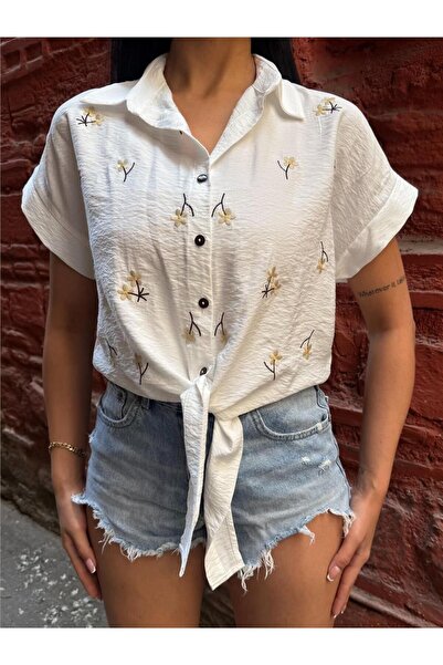 WeShaya White Floral Embroidered Tie-Up Button Shirt