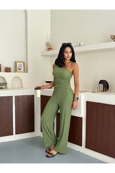 floral fashıon Women's Knitted Bubble Fabric Single Shoulder Detailed Trousers Crop Suit