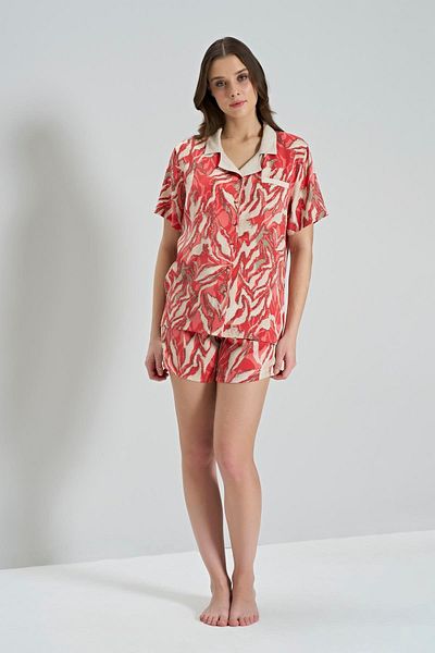 civetta 100% Viscose Woven Front Buttoned Pomegranate Shorts Pajama Set