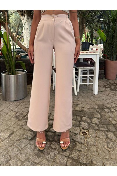 WeShaya Bež Sa likrom Palazzo Beli Elastične Hlače