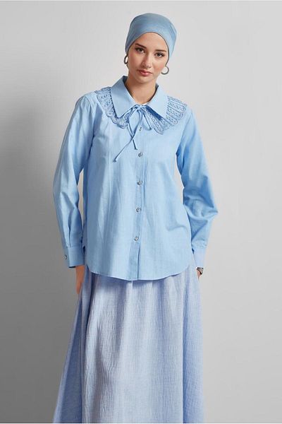 TRENDTESETTÜR Women's Blue Cotton Shirt Tunic t 4122