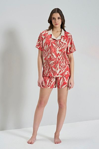 civetta 100% Viscose Woven Front Buttoned Pomegranate Shorts Pajama Set