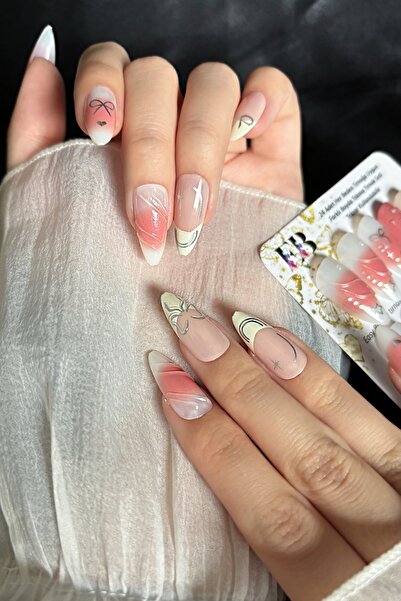 Easy Beauty Badem Tırnak Kırmızı Ombre Orta Uzunlukta 24 Adet Takma Tırnak Se...