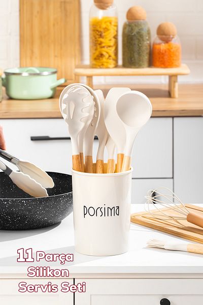 Porsima 3163 Bamboo Wooden Handle Silicone 11 Piece Serving Set with Metal Stand White