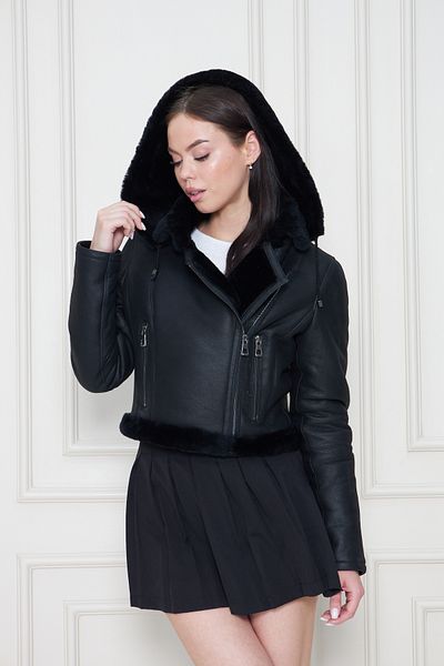 By Marki Marki Women's Genuine Leather Jacket – Fur Inside, Crop Model, Hooded, Zippered, 52 Cm, Black - 117922