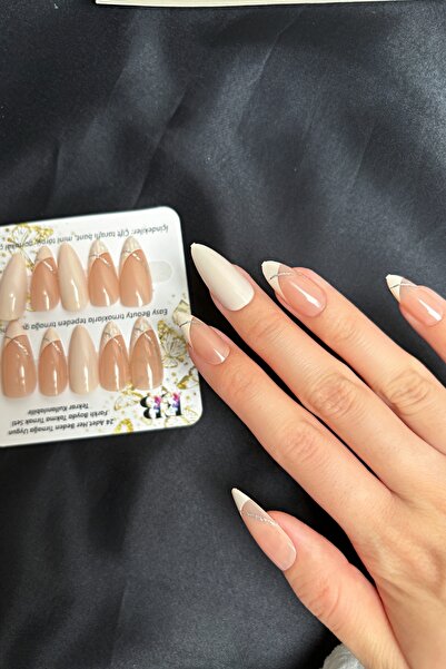 Easy Beauty Nude Badem Tırnak Orta Uzunlukta 24 Adet French Takma Tırnak Seti...